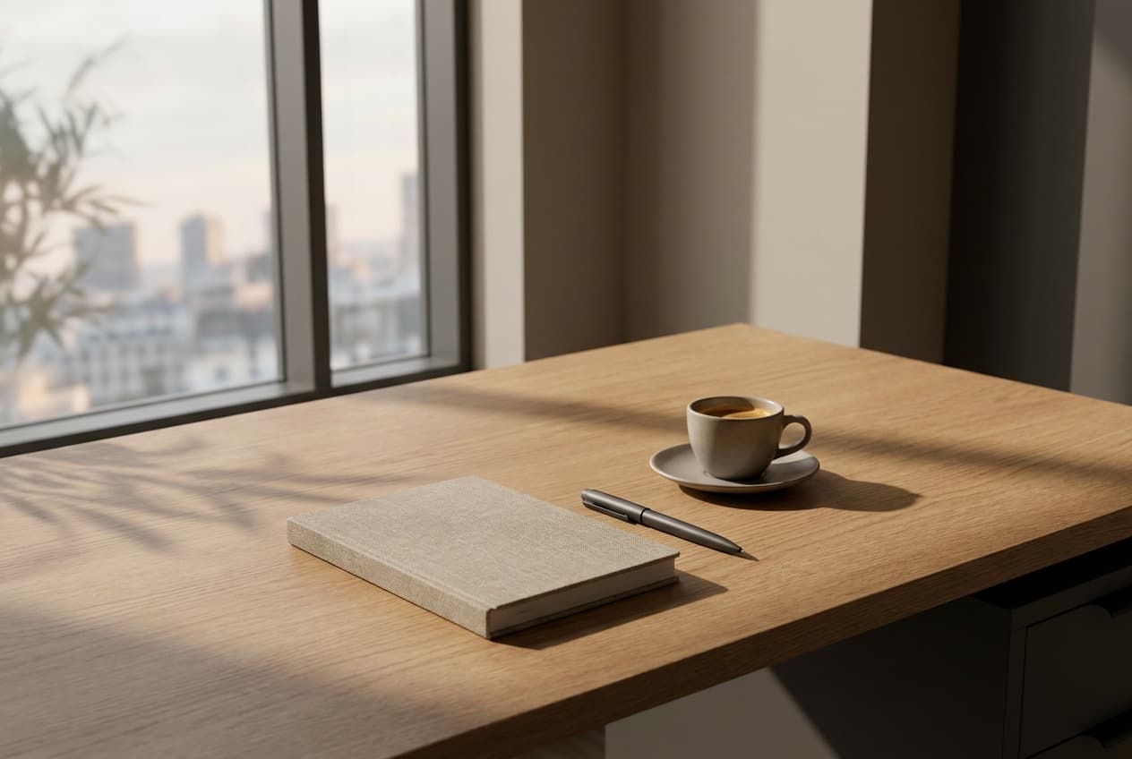 Ruhiger Arbeitsplatz am Fenster mit Notizbuch und Espresso